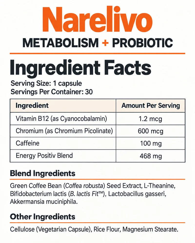 Narelivo supplement facts and complete formula