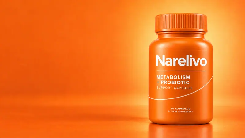 Narelivo capsule bottle on an orange background